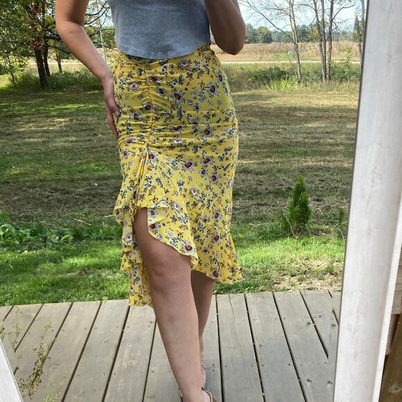 Max Studio yellow floral ruched ruffle asymmetrical midi skirt - Picture 1 of 7
